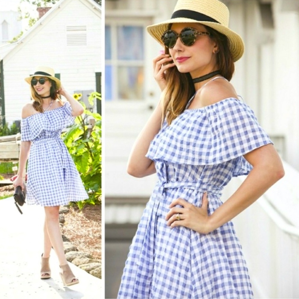 Anthropologie Blue and White Gingham One-Shoulder Sundress